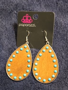 paparazzi Turquoise and Wood Teardrop Dangle Earrings